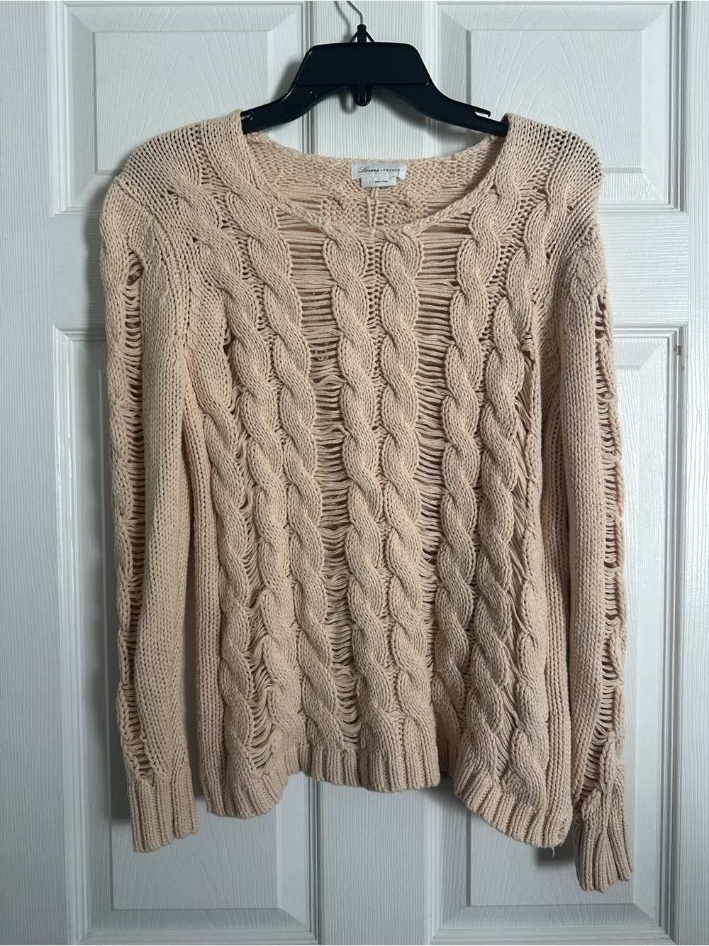 Lovers + Friends Open Cable-Knit Crew Sweater in Beige